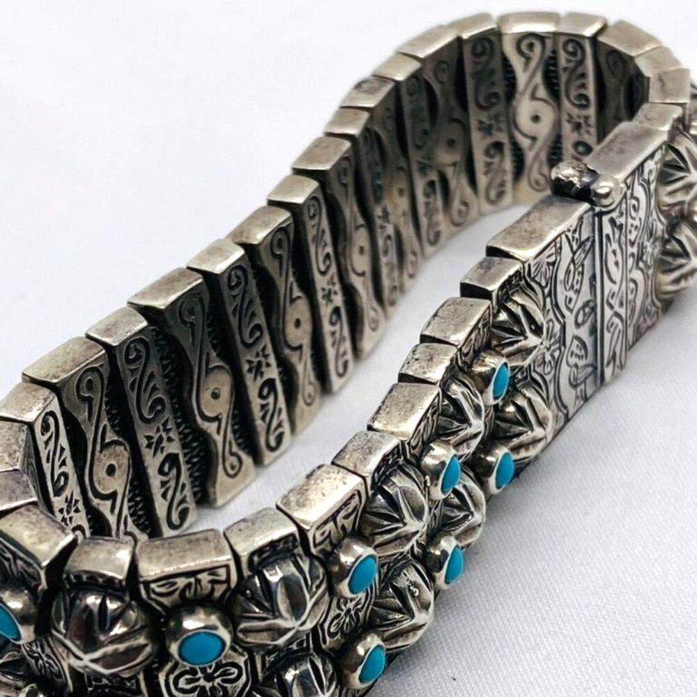 SOLD!! Konstantino Sterling Silver Turquoise Panel Links Bracelet 6.75" - Picture 4 of 16